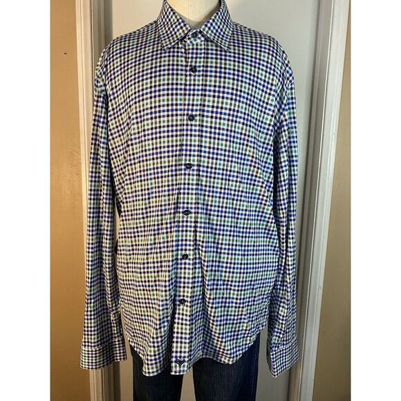Butter Other - Butter Cloth Shirt Mens L Blue White Green Slim Plaid Button Long Sleeve Stretch